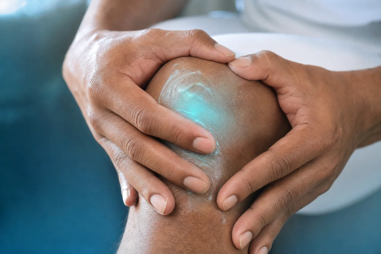 Manos aplicando y masajeando la crema refrescante Vitaflex sobre la rodilla para aliviar el dolor
